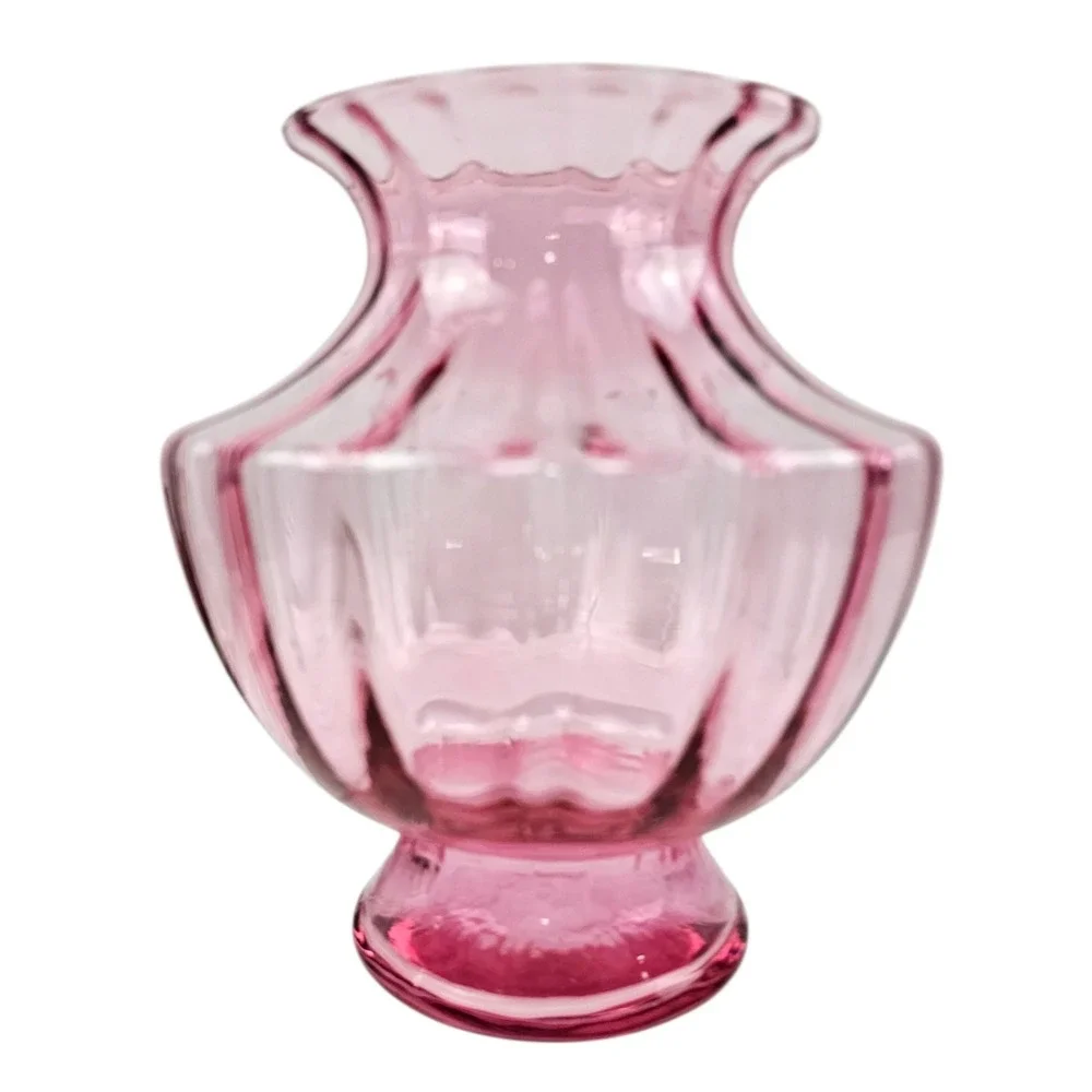 Vintage Pilgrim Glass Pink Depression Glass Ribbed  Vase Flared Ruffle Rim 6.25